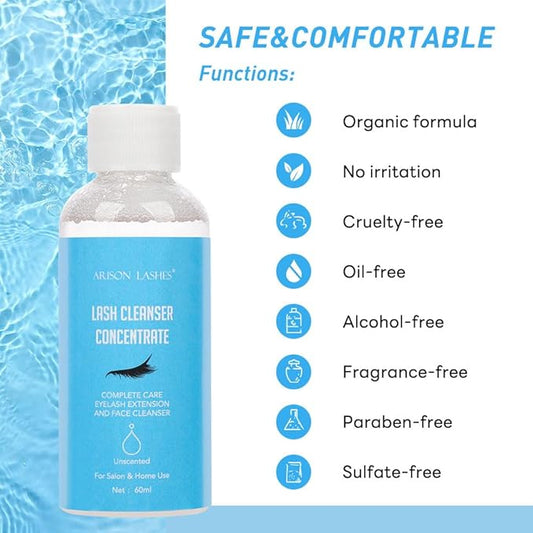 Eyelash Cleanser Concentrate 60ml Professional Lash Extensions Shampoo Natural Foaming Cleanser for Extensions Lashes with Salon Home Care-Makes 12 Bottles 60ml Eyelash Shampoo (unscented)