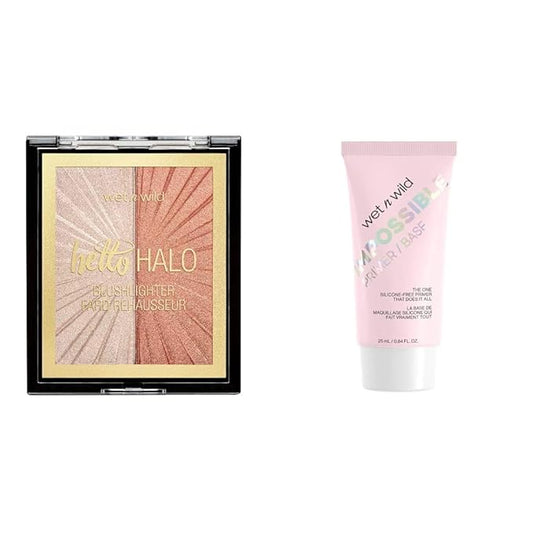 wet n wild Mega Glo Blushlighter Blush and Highlighter Duo, Highlight Bling + Wet n Wild Prime Focus Impossible Primer Hydrating Matte Finish, Clear, 0.84 Fl Oz