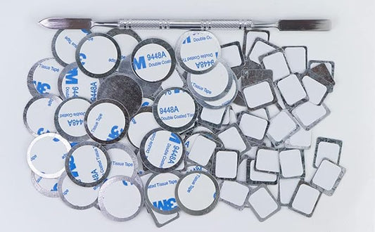 105Pcs Metal Stickers for Magnetic Palette Set, Include 1pcs Makeup Depotting Spatula,52pcs Round Metal Stickers+52pcs Square Metal Stickers, for Non-magnetic eyeshadow pan