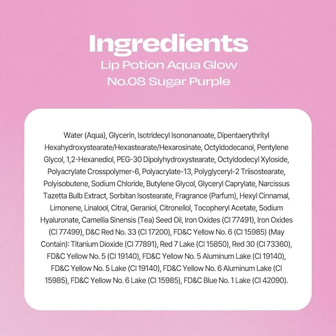 Lip Potion Aqua Glow No.8 Sugar Purple | Hydrating, Non-Sticky Gloss with Sheer Radiance | 0.3 Oz