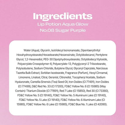 Lip Potion Aqua Glow No.8 Sugar Purple | Hydrating, Non-Sticky Gloss with Sheer Radiance | 0.3 Oz