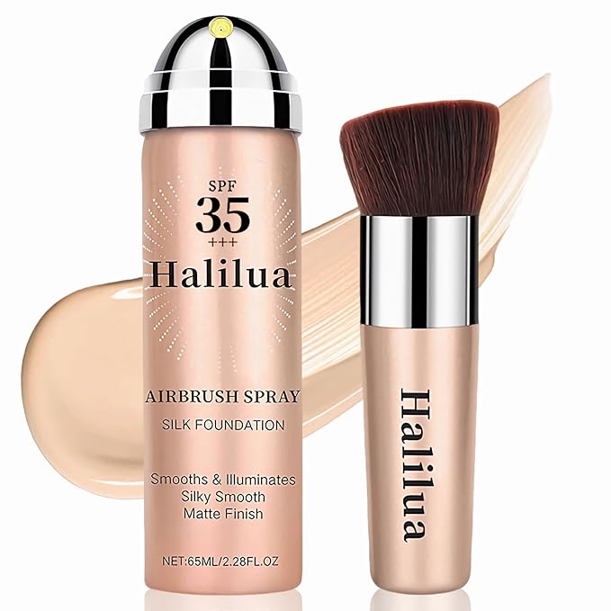 Sunscreen Airbrush Foundation Makeup Spray with Brush, SPF 35, Full Coverage Airbrush Foundation for Smooth Radiant Finish, Silky Concealer Mist Spray Makeup, Long-lasting & Waterproof (Nude)