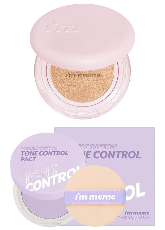I'M MEME Wonder Velvet Cushion Foundation 02 Beige + Compact - Purple Cotton Tone Control Pact, 0.33 Oz Bundle