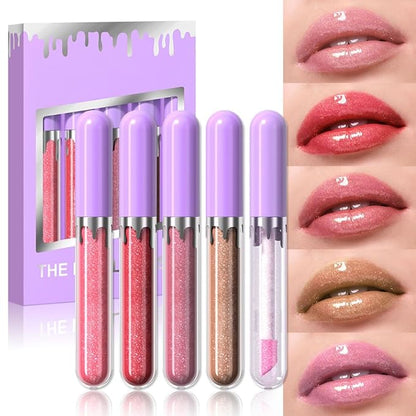 5Pcs Glitter Liquid Lip Gloss Set, Diamond Shimmer Lipstick, Waterproof Shimmer Lip Stain Lip Glaze, High Shine Long Lasting Shiny Lip Color Makeup (Set:Y-03)