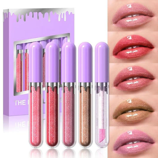 5Pcs Glitter Liquid Lip Gloss Set, Diamond Shimmer Lipstick, Waterproof Shimmer Lip Stain Lip Glaze, High Shine Long Lasting Shiny Lip Color Makeup (Set:Y-03)