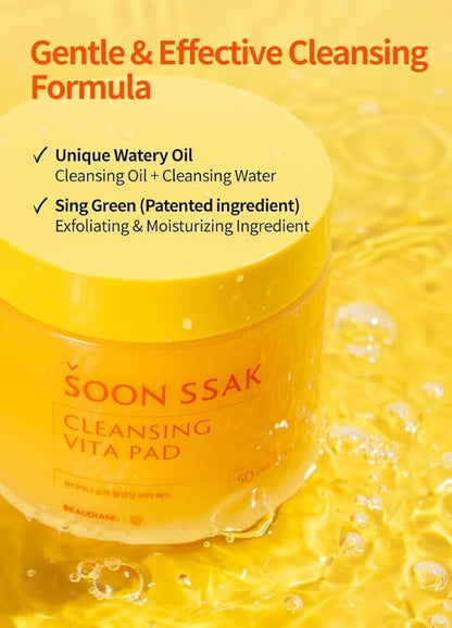 Soonssak Vitamin C Cleansing Face Pads – 50 Count, Gentle Makeup Remover, Hydrating & Exfoliating Facial Wipes