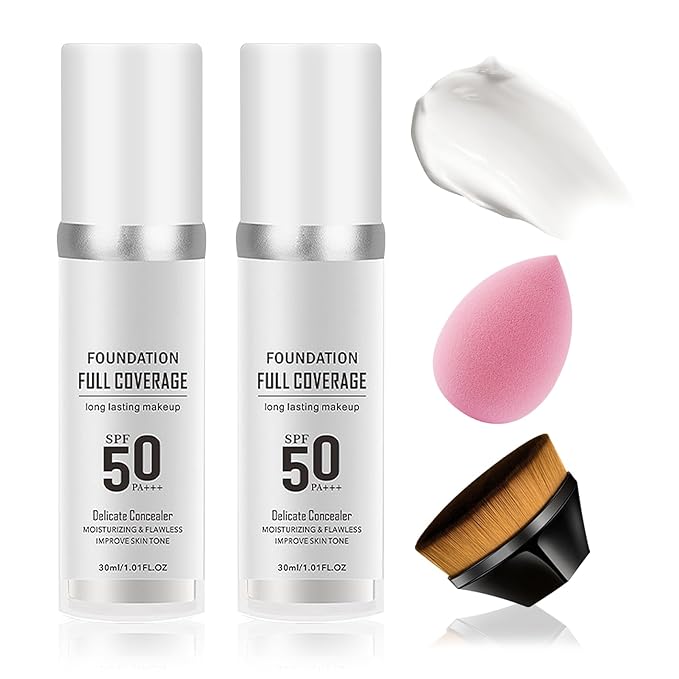 2PCS Color Changing Foundation,Full Coverage Flawless Non-greasy Liquid Foundation Set with Makeup Brush and Makeup Sponge,Suitable for All Skin Types A