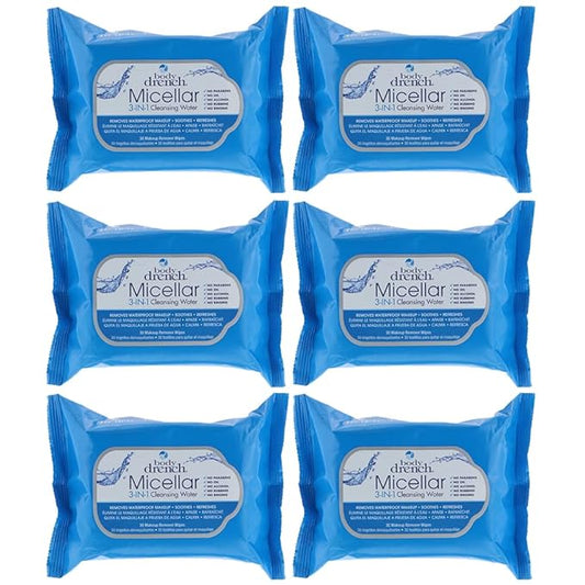 Body Drench 3-in-1 Micellar Water Makeup Remover Wipes – Removes Waterproof Makeup, Facial Cleanser, 30 Ct. (6 Pack)