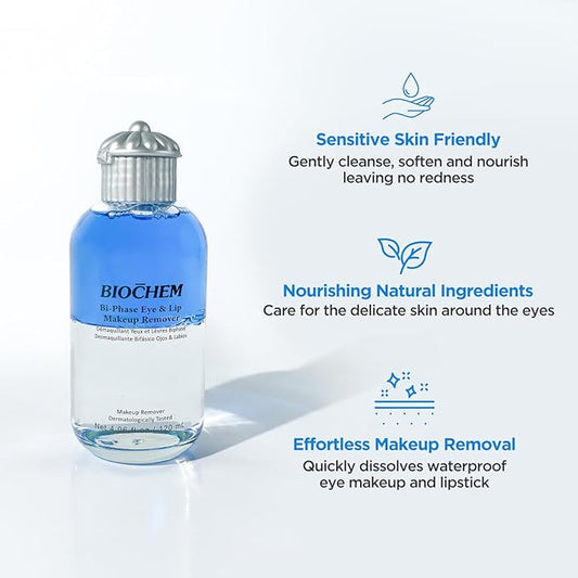 BIOCHEM Bi-Phase Eye & Lip Heavy Makeup Remover, Waterproof Mascara Remover, Gentle Cleanser for Waterproof Makeup & Mascara with Natural Ingredients for All Skin Types (4.06 fl. oz / 120 ml)