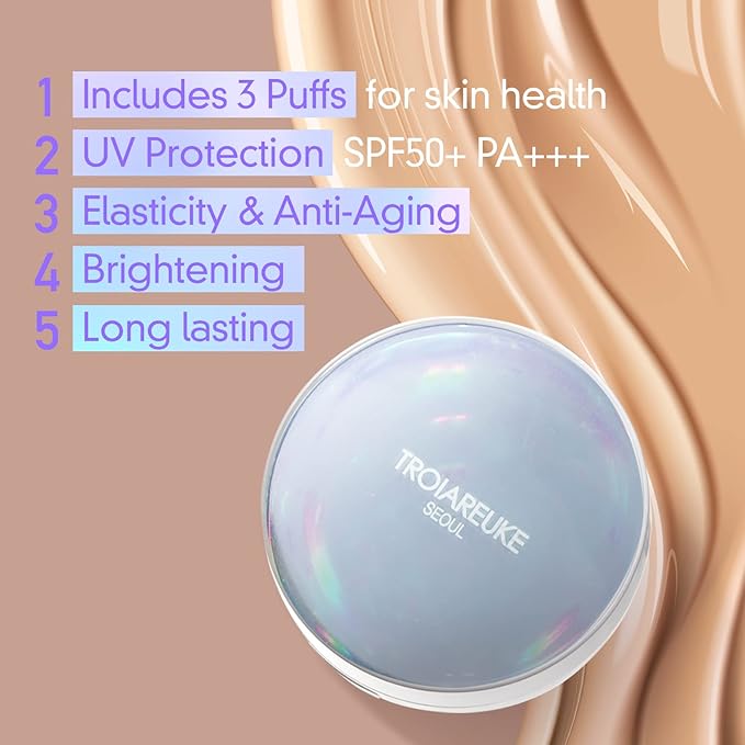 TROIAREUKE Seoul "Bridal" Cushion Foundation(#21, Pink Beige), Korean Cushion Foundation, K-Beauty, Hydrating, Long-lasting, Lightweight, Natural Finish, Anti-Aging, Moisture, Whitening, SPF 50+