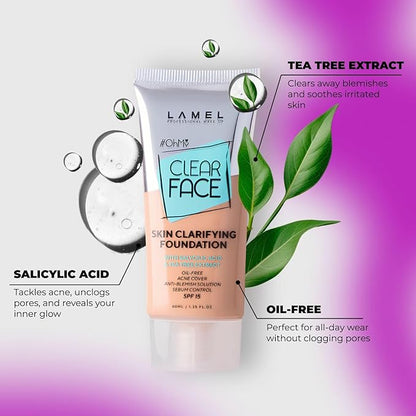 Oh My Clear Face Full Coverage Foundation for Oily & Acne Prone Skin, Salicylic Acid & Tea Tree Extract, Anti-Blemish Sensitive Skin Care, Organic & Oil-Free, 405 Buff Beige, 40 ml / 1.35 fl.oz