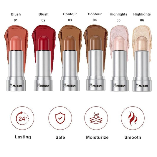 Face Stick Set - Contour, Highlighter, and Blush Sticks, Creamy Texture, Beginner-Friendly, Natural Finish - for Cheeks and Lips-Contour