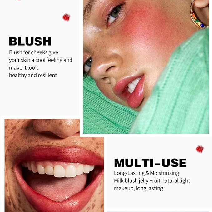 5 Colors Hydrating Lip & Cheek Tint, Long-Lasting Jelly Blush Stick with Cooling Effect, Watercolor-Like Finish (# 04)