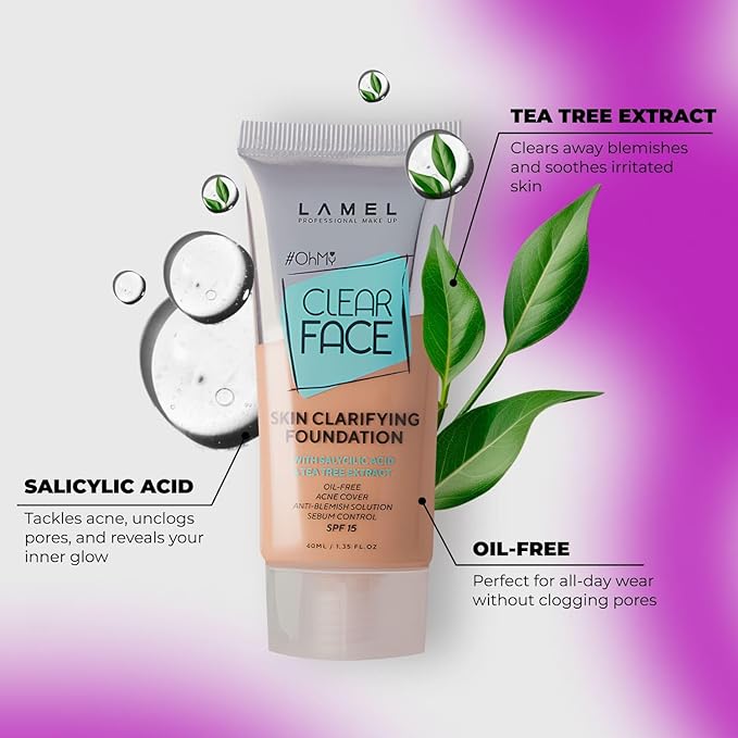 Oh My Clear Face Full Coverage Foundation for Oily & Acne Prone Skin, Salicylic Acid & Tea Tree Extract, Anti-Blemish Sensitive Skin Care, Organic & Oil-Free, 406 Sand, 40 ml / 1.35 fl.oz