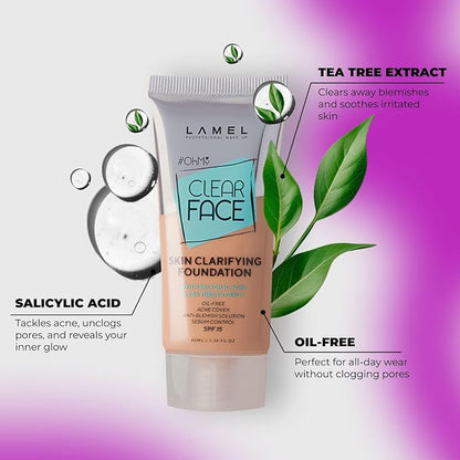 Oh My Clear Face Full Coverage Foundation for Oily & Acne Prone Skin, Salicylic Acid & Tea Tree Extract, Anti-Blemish Sensitive Skin Care, Organic & Oil-Free, 406 Sand, 40 ml / 1.35 fl.oz