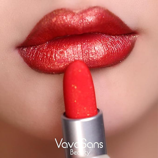 Vegan Glitter Lipstick Cherry Plum Shimmer Metallic Sparkling Classic Red Shade Long Lasting Waterproof Non-Sticky Formula Diamond Shiny Highly Pigmented Lip Stick for Women