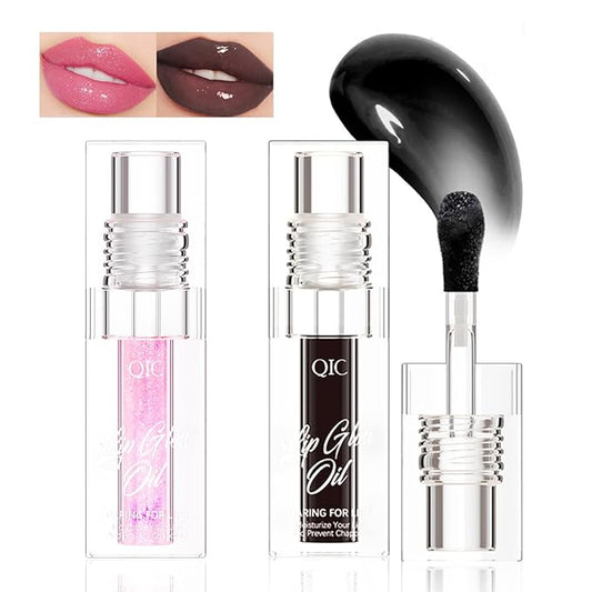 2PCS Magic Color Changing Lip Oil, Warm Change Moisturizing Lip Gloss Hydrating Lip Oil, Upgraded Long Lasting Nourishing Magic Big Brush Color Changing（Pink + Black）