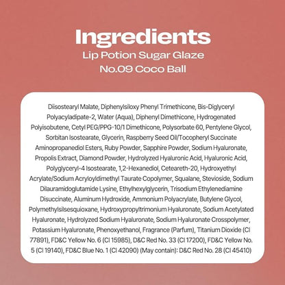 Lip Potion Sugar Glaze Tint | K-Beauty High-Shine & Long-Lasting Lip Tint | Hydrating, Non-Sticky Glossy Finish | 7 Shades | 0.3 Oz (No.9 Coco Ball)