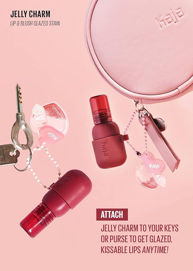 Kaja Lip & Blush Glazed Keychain Stain - Jelly Charm 01 Cherry Spritz | with Triple Berry Complex, Lemon Fruit Extract &Olive Squalane, Hydrating, Long Lasting Tint