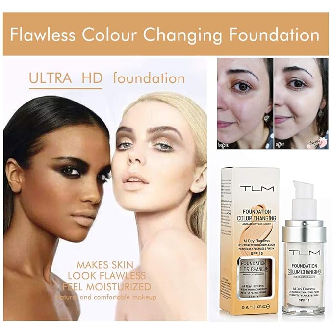 2 Pack TLM Foundation Color Changing, Flawless Color Warm Complexion Foundation 4 in 1 Contains SPF 50 Full Coverage Concealer.