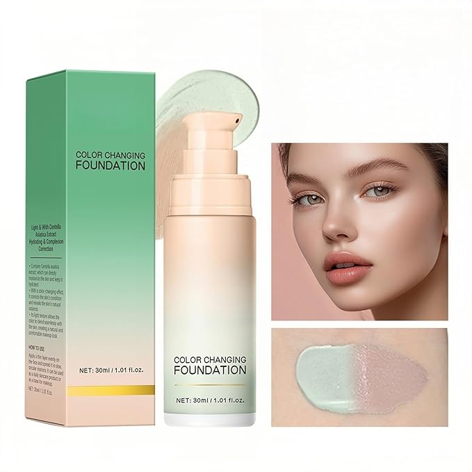 MAEPEOR Color Changing Foundation 4 Colors Lightweight Non-Greasy Hydrating Color Correcting CC Cream with Centella, Skin Corrector Foundation for Dull Skin Tone (01 Green)
