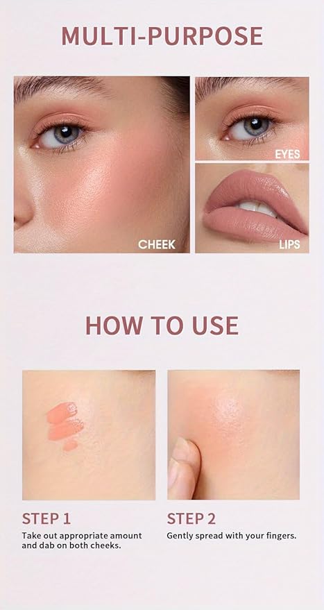 Lightweight Liquid Cream Blush Eyeshadow - Superdewy & Buildable Pigmentation, Cruelty Free Vegan Makeup, Natural-looking Cheek Tint with Dewy Finish (#01, A)