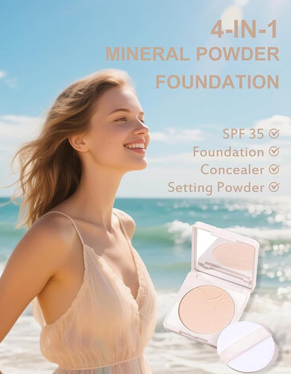Pressed Mineral Powder Foundation Palette 4-in-1 SPF 35 Concealer Setting Makeup Matte Finish Lightweight Buildable Coverage Oil Control Sun Protection for Women Daily Use