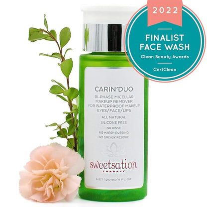 YUNASENCE CARIN’DUO Bi-Phase Micellar Makeup Remover for Regular and Waterproof Makeup. Eyes/Face/Lips, 4oz. 100% Natural. Silicone free. Cyclopentasiloxane free.