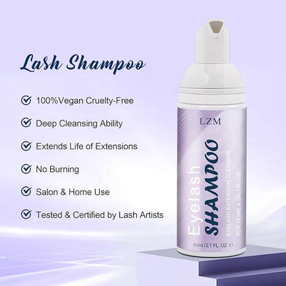 LZM Lash Shampoo Kit 2.02 fl.oz Lash Wash Cleaning kit for Clusters/Natural/Extensions, Gentle Foam&Deep Cleaning&Oil Free 60ml Lash Cleanser with Brush (8-in-1 Shampoo Kit)