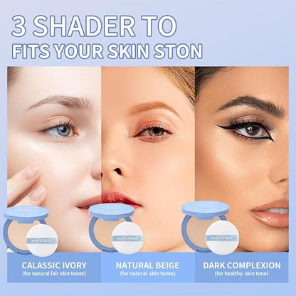 LAMUSELAND Pressed Powder Compact, Oil Control Brighten Skin Color Face Powder, Whitening Highlighting Face Makeup Tools for Women Girls (JG01)