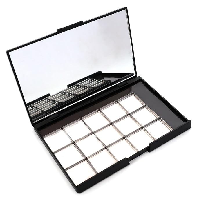 VANANA DIY Magnetic Palette with Mirror, for Eyeshadow Lipstick Powder Highlighter Storage, with 12 Pieces of Round Metal Pans (Black - With Mirror, 15x10cm - With 15pcs Square Pans)