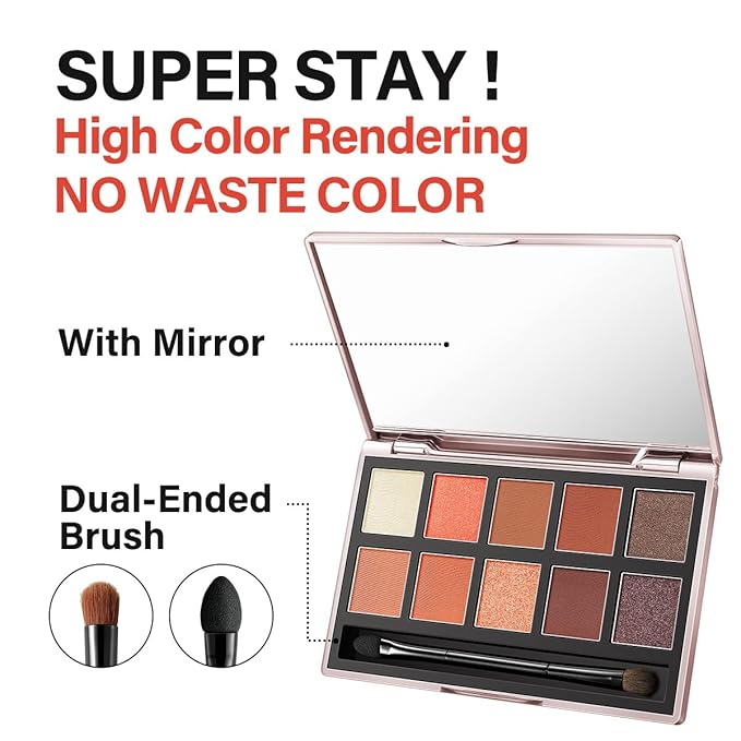 10 In 1 Color Eyeshadow Palette, Matte, Shimmer, Glitter Pigment Eye Shadow Blush Makeup Pallete, Neutral Nudes Pink Eye Makeup Palette with Mirror, 01.Sunset
