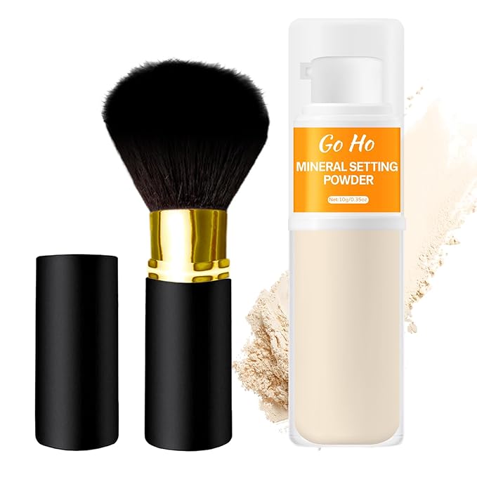 Go Ho Mineral Sunscreen Setting Powder Spray and 1PC Retractable Makeup Brush Kit,Loose Powder Sunscreen,Translucent,Hypoallergenic Oil Control Natural Matte Finish for Face,Scalp&Hair