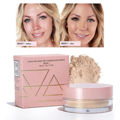 Loves-You-Back 3in1 Mineral Powder Foundation (BEIGE 1) | Designed for Rosacea, Acne-Prone, Sensitive Skin | 3IN1 Concealer, Powder + Foundation | Non-Caking, Non-Drying