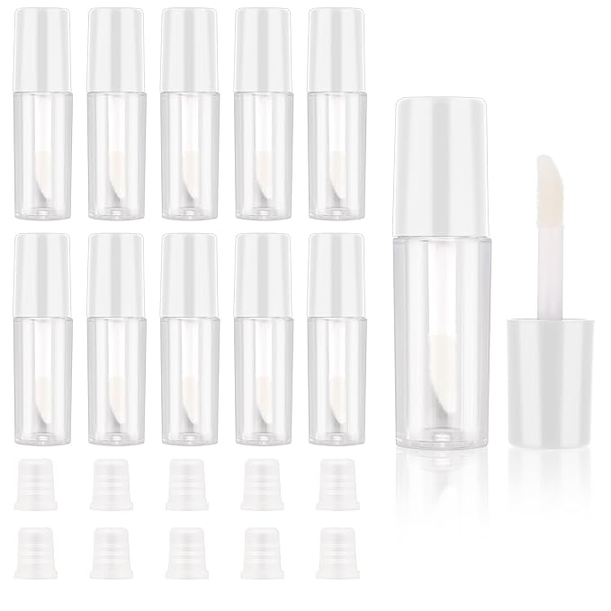 Molain 10pcs Empty Lip Gloss Tubes, 1.2ml Mini Refillable Cosmetic Containers Bottles Lip Balm Bottles for Lipstick Samples, Lip Balms(White tube cap)
