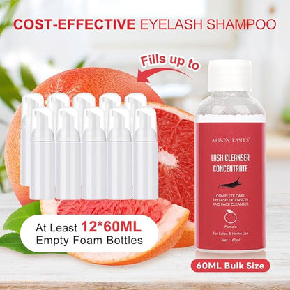 Eyelash Cleanser Concentrate 60ml Professional Lash Extensions Shampoo Natural Foaming Cleanser for Extensions Lashes with Salon Home Care-Makes 12 Bottles 60ml Eyelash Shampoo (pomelo)