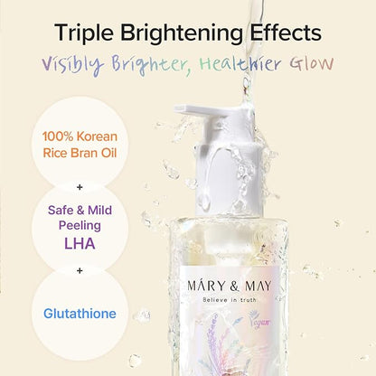 Mary&May Rice Glutathione LHA Cleansing Oil - Deep Pore Cleansing, Blackhead & Whitehead Removal - Korean Makeup Remover with Rice Bran Oil, Gentle Exfoliation, Clean Beauty, 6.76 fl.oz.