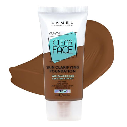 Oh My Clear Face Full Coverage Foundation for Oily & Acne Prone Skin, Salicylic Acid & Tea Tree Extract, Anti-Blemish Sensitive Skin Care, Organic & Oil-Free, 411 Deep Neutral, 40 ml 1.35 fl.oz