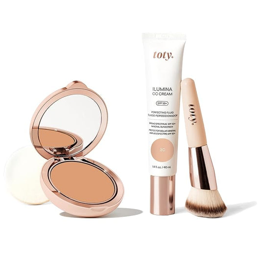 Toty by Sofia Vergara - Ilumina CC Cream 100% Mineral Color Correcting Cream + Ilumina CC Creamy Compact Mineral Broad Spectrum Sunscreen + Angled Complexion & Foundation Blending Brush - 3C