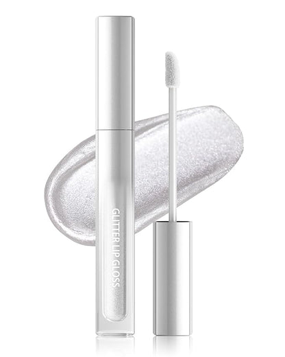 Silver Metallic Liquid Lipstick, Non-Stick Cup Glitter Lip Gloss, High Pigmented Lip Color with Transfer-proof Wear, Long Lasting Waterproof Shimmer Sparkly Lipstick Cosplay Makeup for Women-01