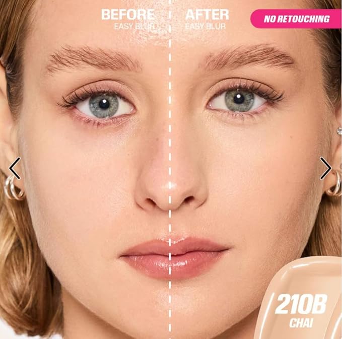 H.U.D.A BEAUTY Easy Blur Natural Airbrush Foundation, Medium-to-Buildable Coverage, 1 fl oz, with Niacinamide Chai 210B - Light skin with beige undertones