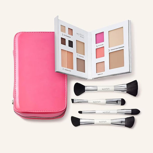 Woosh Beauty, Jetsetter Bundle, Fold out Face Original, Essential Brush Set, Travel Case in Hot Pink, #1 Light
