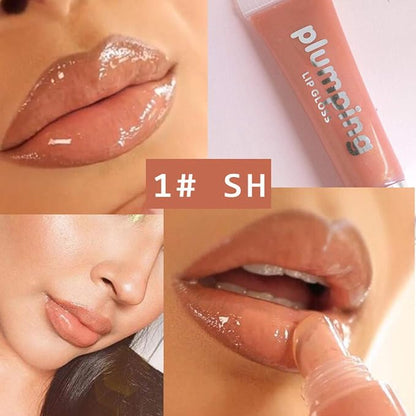 MAEPEOR Plumping Lipgloss 9 Colors Moisturizing Lip Plumper Shiny Jelly Lip Gloss Natural Liquid Lipstick for Women and Girls (Glitter Glossy, 01#Warm Nude)