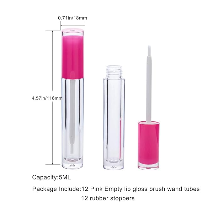 Lip Gloss Brush Wand Tubes Empty, 12 Pack 5ml Lip Gloss Containers with Wand, 12 Pink Lip Gloss Tubes with Rubber Stoppers for DIY Lip Gloss Balm (Pink)