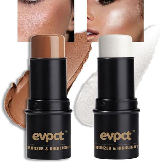 evpct 2Pcs Face Cream Contour Bronzer Sticks Makeup Highlighter Highlight Brown Coffee Pearl White Creme Cheek Contour Sticks contorno en crema Bronzing Foundation Face Contour Stick Kit,7+9 Uneversal