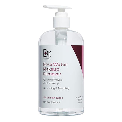 Dr. Wellness Rose Water Makeup Remover - 16.9 fl oz / 500ml, Cruelty-Free & Vegan, Gentle Formula for Effective Makeup Removal, Rose Blossom