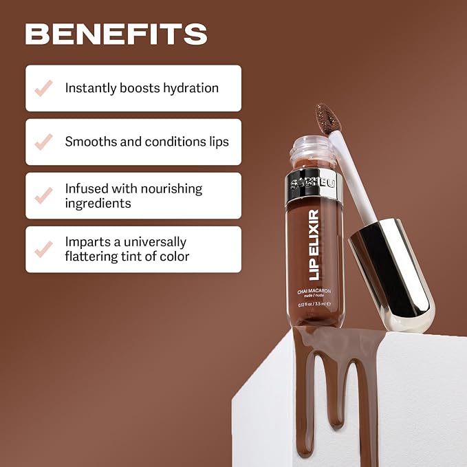 Sacheu Lip Elixir Nourishing and Hydrating Lipgloss — Moisturizing Plumping Lip Gloss Enriched with Collagen, Non-Sticky Lip Color Smooth High-Shine Finish, Vegan & Cruelty-Free, Chai Macaron