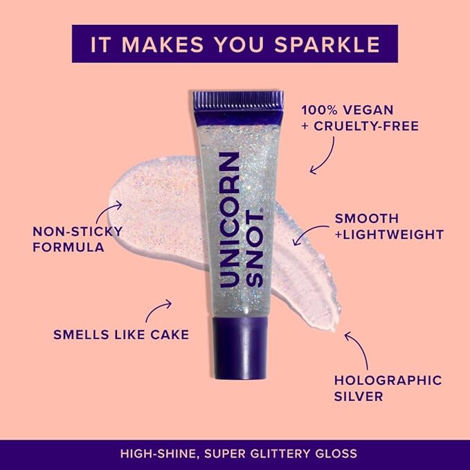 UNICORN SNOT Glitter Lip Gloss - Sparkly Lip Shine - Stocking Stuffers for Women, Gifts for Teen Girls - Vegan & Cruelty-Free Non-Sticky Formula Gloss Glitter Makeup - Holographic Silver (Disco)