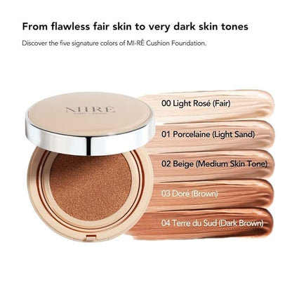 MIRECOSMETICS Velvet Finish All in 1 Cushion Foundation │Long Lasting, Full Coverage for All Skin Types (0.67oz) (01 Porcelaine)
