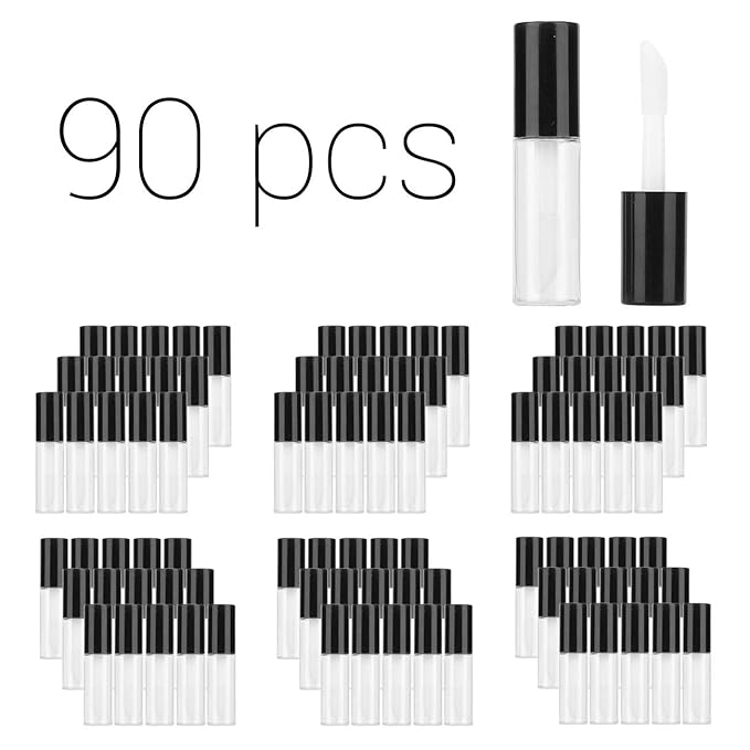 Case of 90 packs, Empty Plastic Clear Lip Gloss Tubes Lip Balm Bottle Container Black Transparent 1.2ML Makeup Tool for Women (90 pcs, Black)